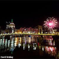Andy Warhol Bridge at night with fireworks