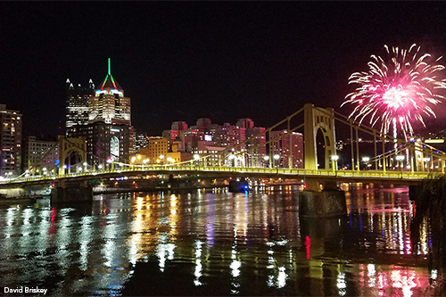 Andy Warhol Bridge at night with fireworks